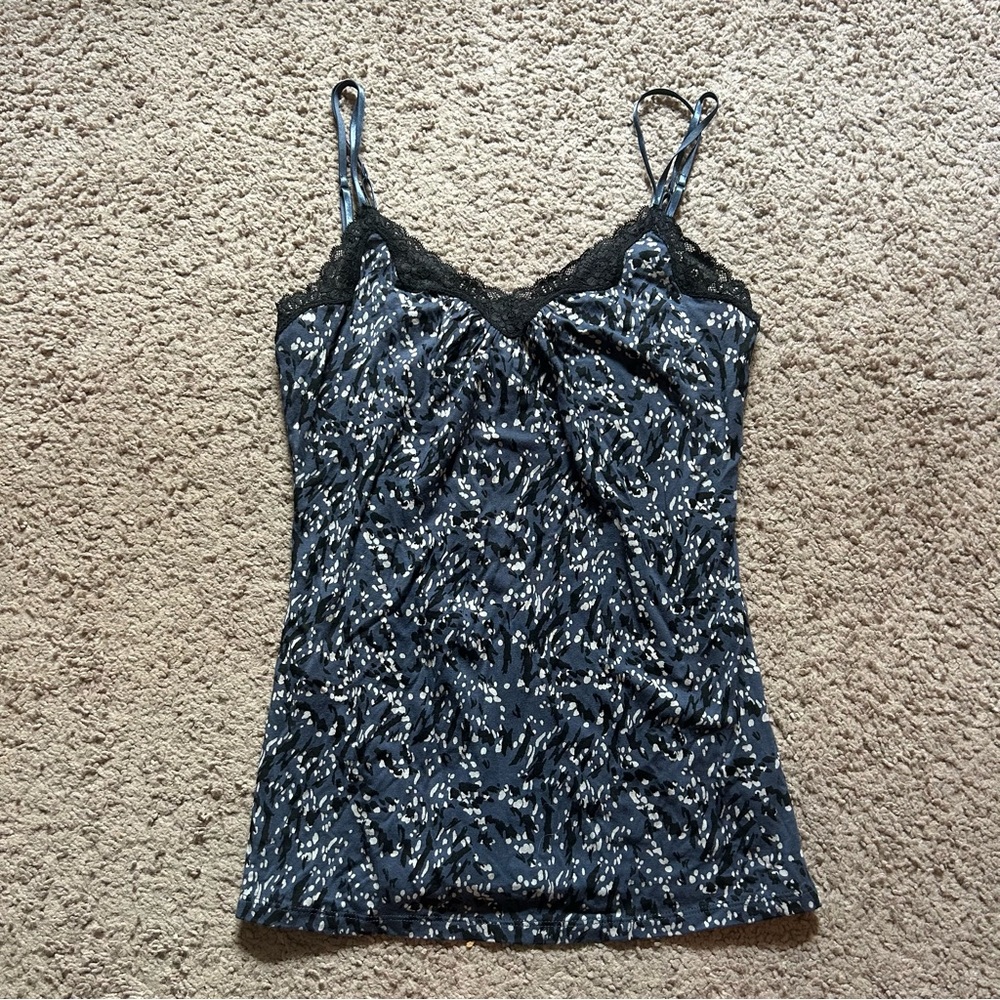 NWOT Lace-Trim Blue Black Cream Printed Cami Top Tank Top Small